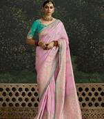Baby Pink Dola Silk Weaving With Sequnice Work Border & Heavy Designer Contras Blouse