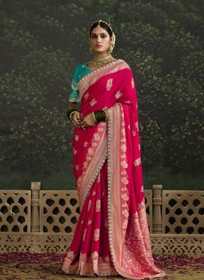 Ruby Dola Silk Weaving With Sequnice Work Border & Heavy Designer Contras Blouse 1