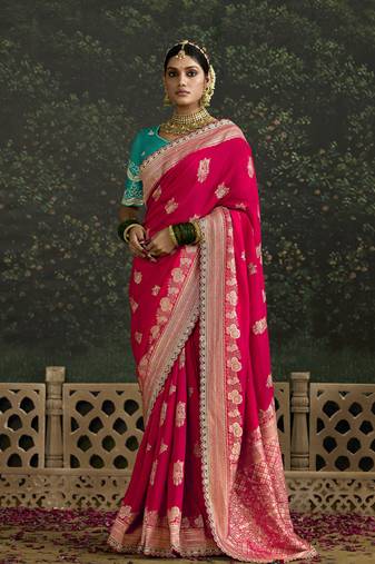 Ruby Dola Silk Weaving With Sequnice Work Border & Heavy Designer Contras Blouse