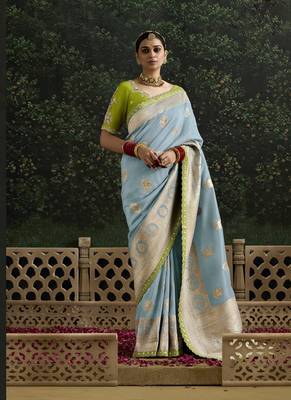 Light Blue Dola Silk Weaving With Sequnice Work Border & Heavy Designer Contras Blouse 1