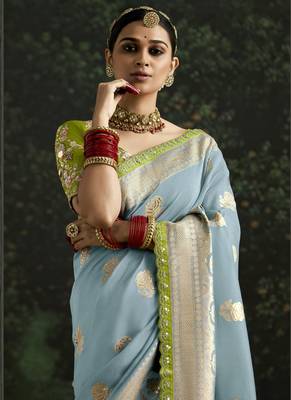 Light Blue Dola Silk Weaving With Sequnice Work Border & Heavy Designer Contras Blouse 2