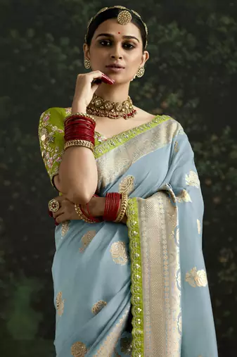 Light Blue Dola Silk Weaving With Sequnice Work Border & Heavy Designer Contras Blouse