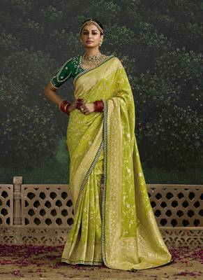 Parrot Green Dola Silk Weaving With Sequnice Work Border & Heavy Designer Contras Blouse 1