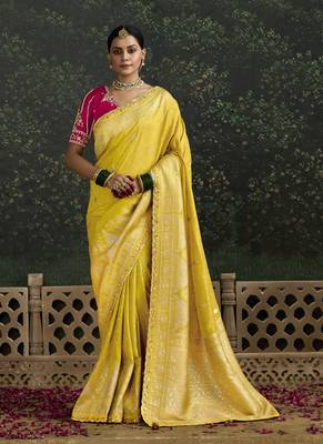 Yellow Dola Silk Weaving With Sequnice Work Border & Heavy Designer Contras Blouse 1