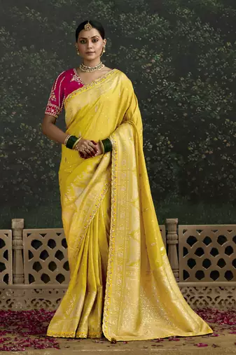 Yellow Dola Silk Weaving With Sequnice Work Border & Heavy Designer Contras Blouse