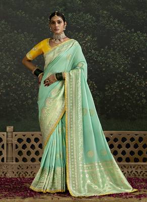 Turquoise Dola Silk Weaving With Sequnice Work Border & Heavy Designer Contras Blouse 1