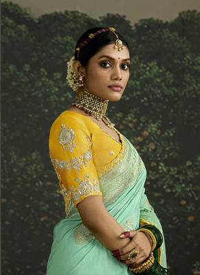 Turquoise Dola Silk Weaving With Sequnice Work Border & Heavy Designer Contras Blouse 2