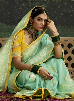 Turquoise Dola Silk Weaving With Sequnice Work Border & Heavy Designer Contras Blouse 3