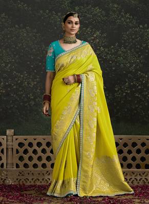 Lemon Dola Silk Weaving With Sequnice Work Border & Heavy Designer Contras Blouse 1
