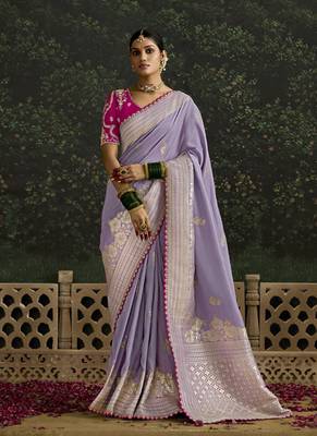 Lavender Dola Silk Weaving With Sequnice Work Border & Heavy Designer Contras Blouse 1
