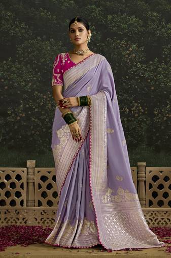 Lavender Dola Silk Weaving With Sequnice Work Border & Heavy Designer Contras Blouse