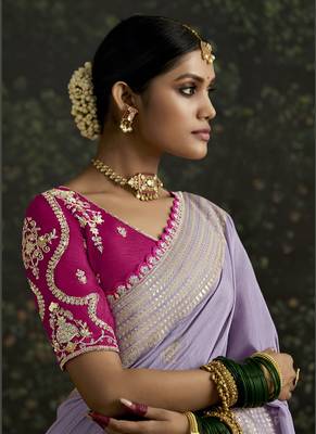 Lavender Dola Silk Weaving With Sequnice Work Border & Heavy Designer Contras Blouse 2