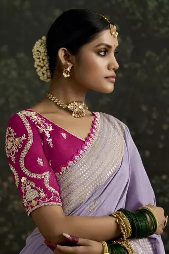 Lavender Dola Silk Weaving With Sequnice Work Border & Heavy Designer Contras Blouse