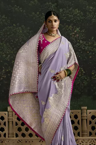 Lavender Dola Silk Weaving With Sequnice Work Border & Heavy Designer Contras Blouse