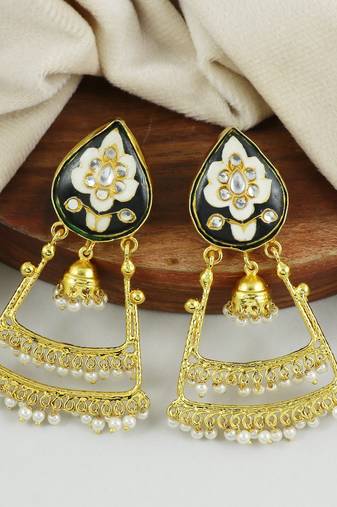 Pearl Beads Black Meena Earrings Gold Plated Jewelry