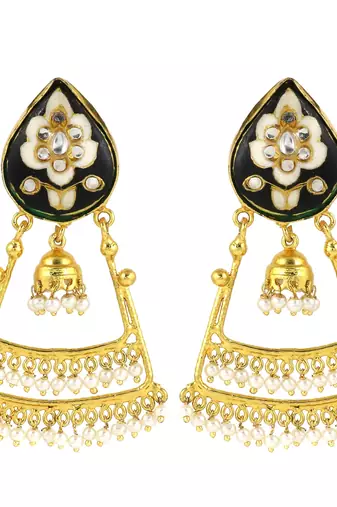 Pearl Beads Black Meena Earrings Gold Plated Jewelry