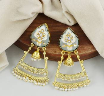 Gold Plated Gray Enameled Pearl Beads Jhumka Earrings 1