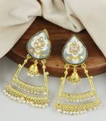 Gold Plated Gray Enameled Pearl Beads Jhumka Earrings