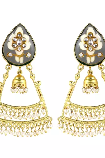 Gold Plated Gray Enameled Pearl Beads Jhumka Earrings
