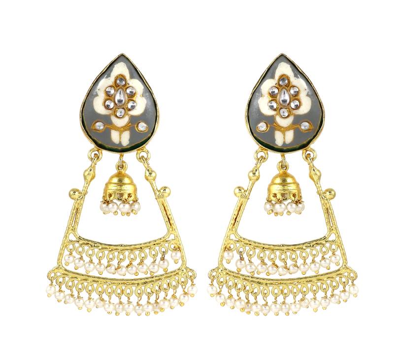 Gold Plated Gray Enameled Pearl Beads Jhumka Earrings