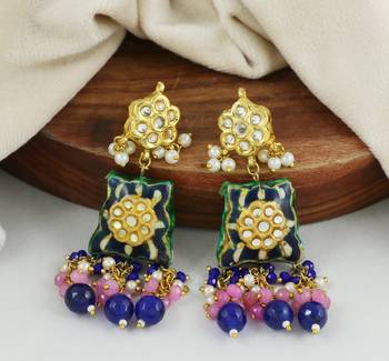 Blue Sapphire-Rose Quartz Kundan Meena Handmade Earrings 1