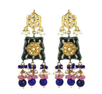 Blue Sapphire-Rose Quartz Kundan Meena Handmade Earrings 2