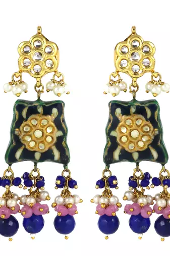 Blue Sapphire-Rose Quartz Kundan Meena Handmade Earrings