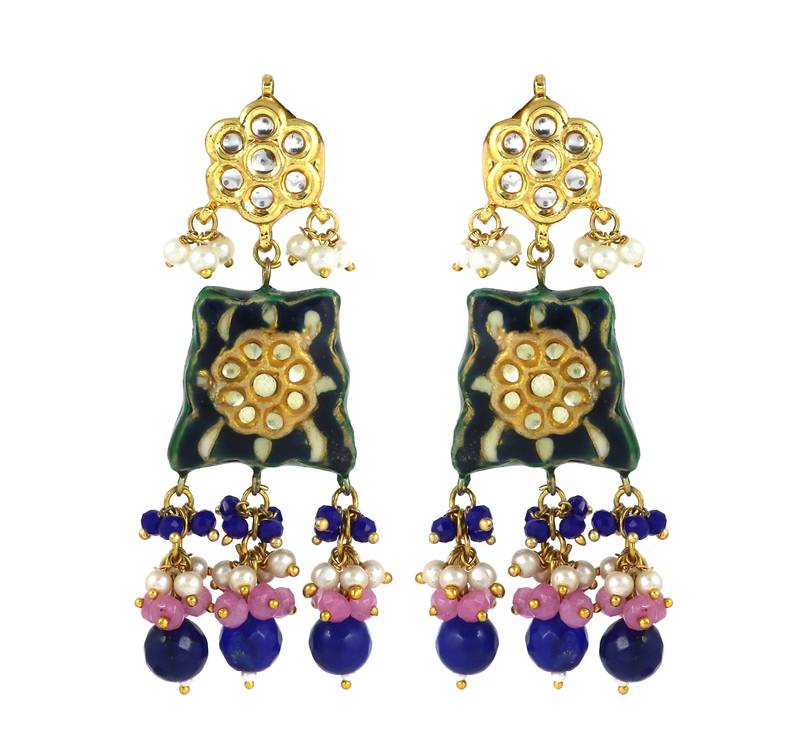 Blue Sapphire-Rose Quartz Kundan Meena Handmade Earrings