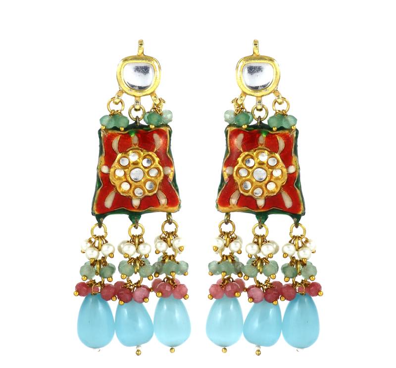 Red Meenakari Polki Gold Plated Earrings Fashion Jewelry