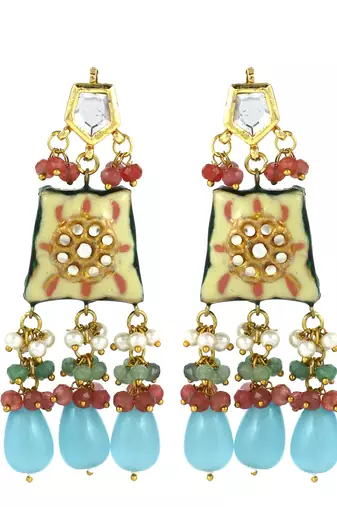 Kundan Meena Multi Stone Beaded Jhumka Earrings