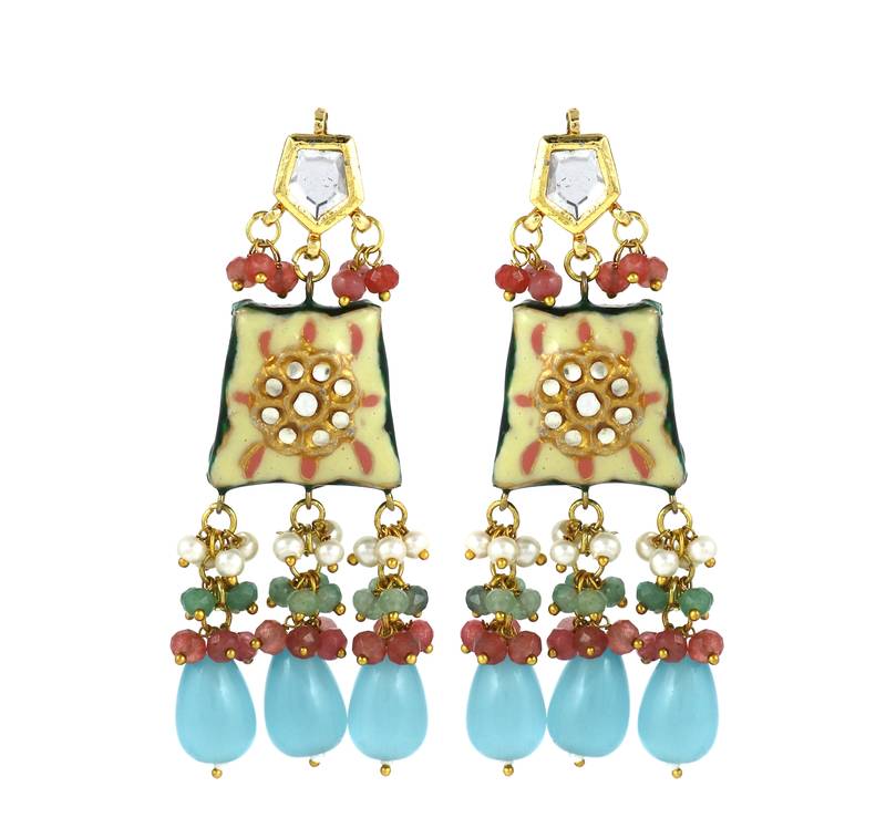 Kundan Meena Multi Stone Beaded Jhumka Earrings