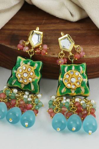 Green-Pink Quartz Beaded Kundan Meena Dangle Earrings