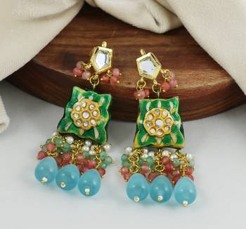 Green-Pink Quartz Beaded Kundan Meena Dangle Earrings 1