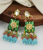 Green-Pink Quartz Beaded Kundan Meena Dangle Earrings