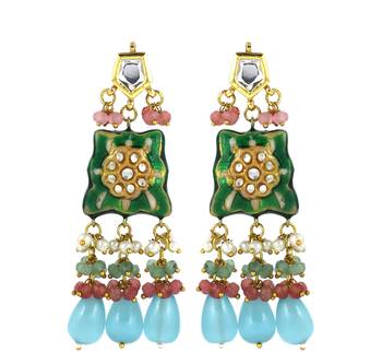 Green-Pink Quartz Beaded Kundan Meena Dangle Earrings 2