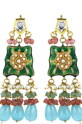 Green-Pink Quartz Beaded Kundan Meena Dangle Earrings