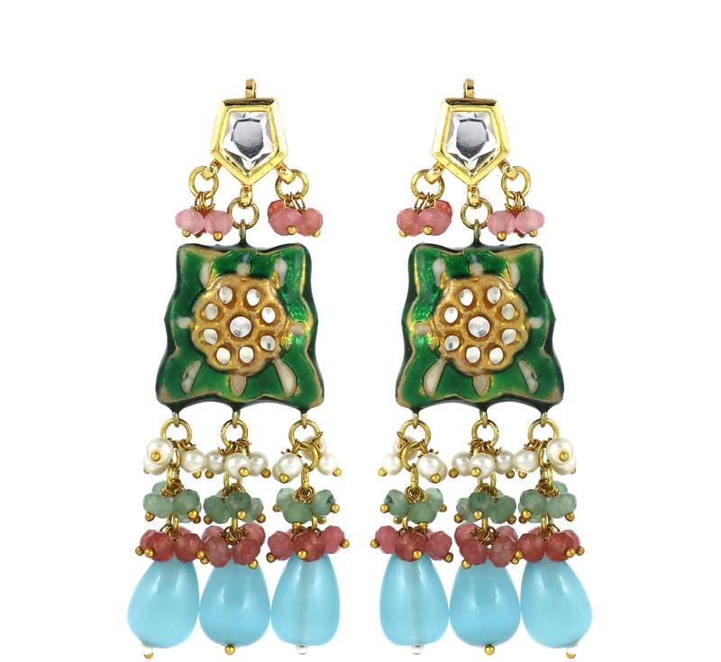 Green-Pink Quartz Beaded Kundan Meena Dangle Earrings
