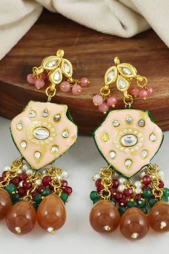 Kundan Meena Rose Quartz Traditional Earrings For Women