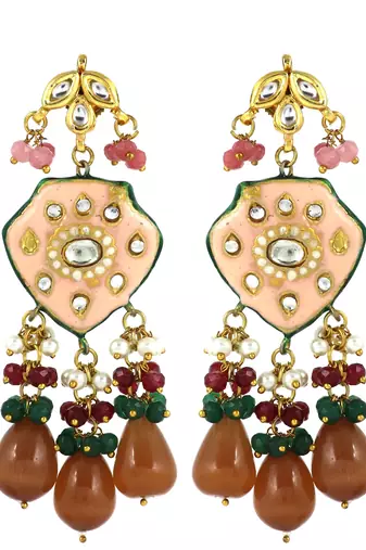 Kundan Meena Rose Quartz Traditional Earrings For Women