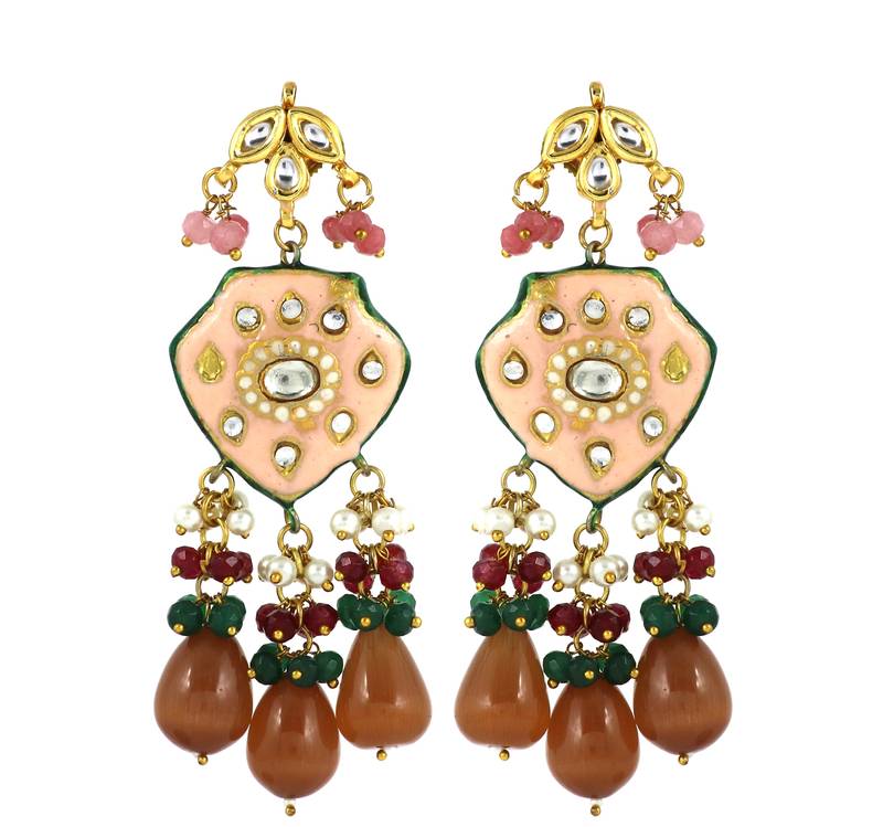 Kundan Meena Rose Quartz Traditional Earrings For Women