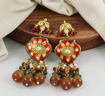 Red Enameled Ruby Green Onyx Polki Handmade Earrings For Her 1