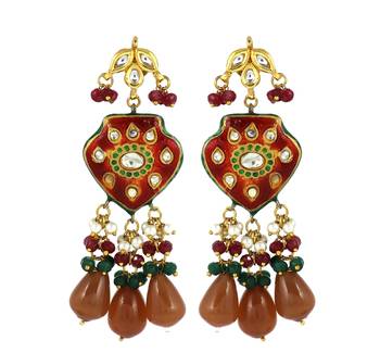 Red Enameled Ruby Green Onyx Polki Handmade Earrings For Her 2