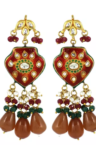 Red Enameled Ruby Green Onyx Polki Handmade Earrings For Her