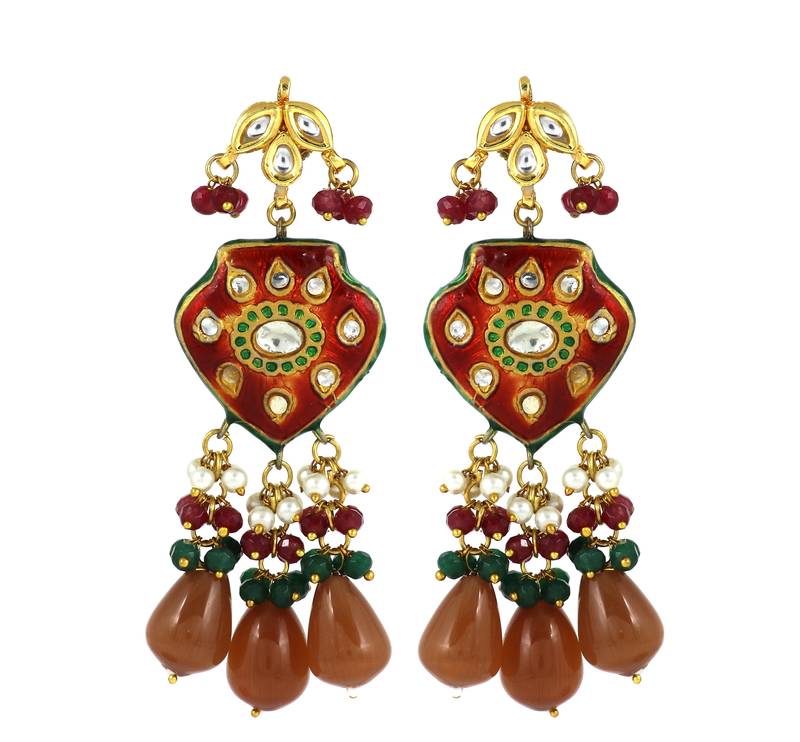 Red Enameled Ruby Green Onyx Polki Handmade Earrings For Her