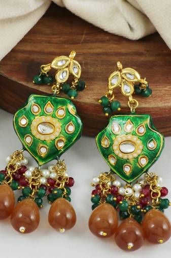 Green Meenakari Ruby Green Onyx Polki Earrings Traditional Jewelry
