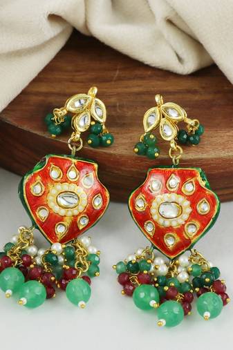 Red Meena Green Onyx Ruby Polki Traditional Earrings For Her