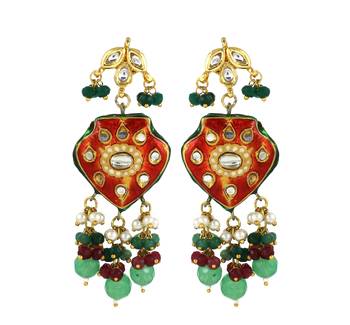 Red Meena Green Onyx Ruby Polki Traditional Earrings For Her 2