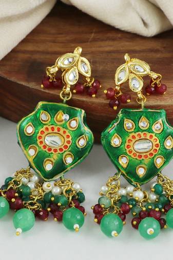 Green Enameled Green Onyx Ruby Polki Earrings Traditional Jewelry