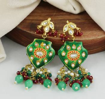 Green Enameled Green Onyx Ruby Polki Earrings Traditional Jewelry 1