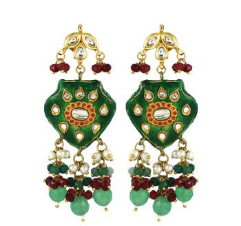 Green Enameled Green Onyx Ruby Polki Earrings Traditional Jewelry 2